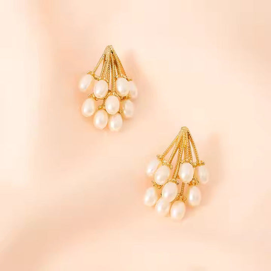 Elegant Gold & Pearl Cluster Earrings