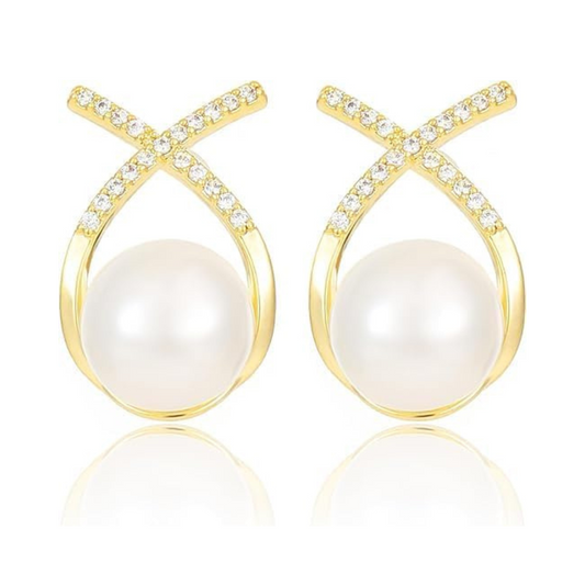 Elegant Gold Plated Pearl Stud Cross Earrings