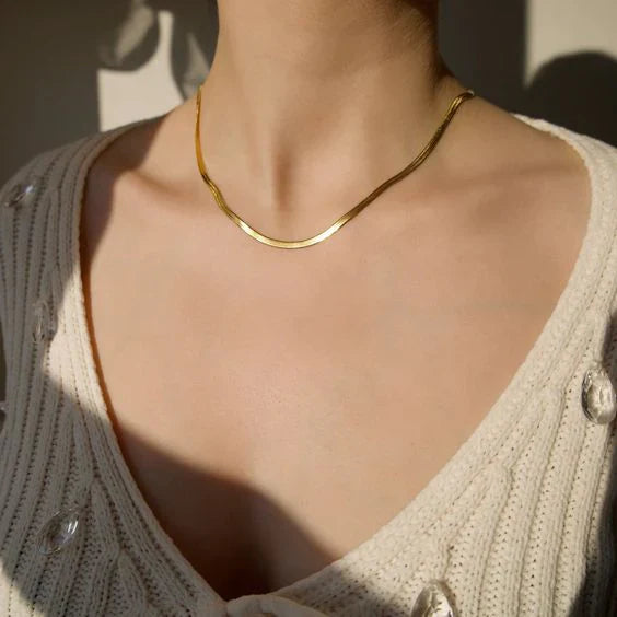 Herringbone Snake Chain Necklace – Flat Statement Choker Jewelry