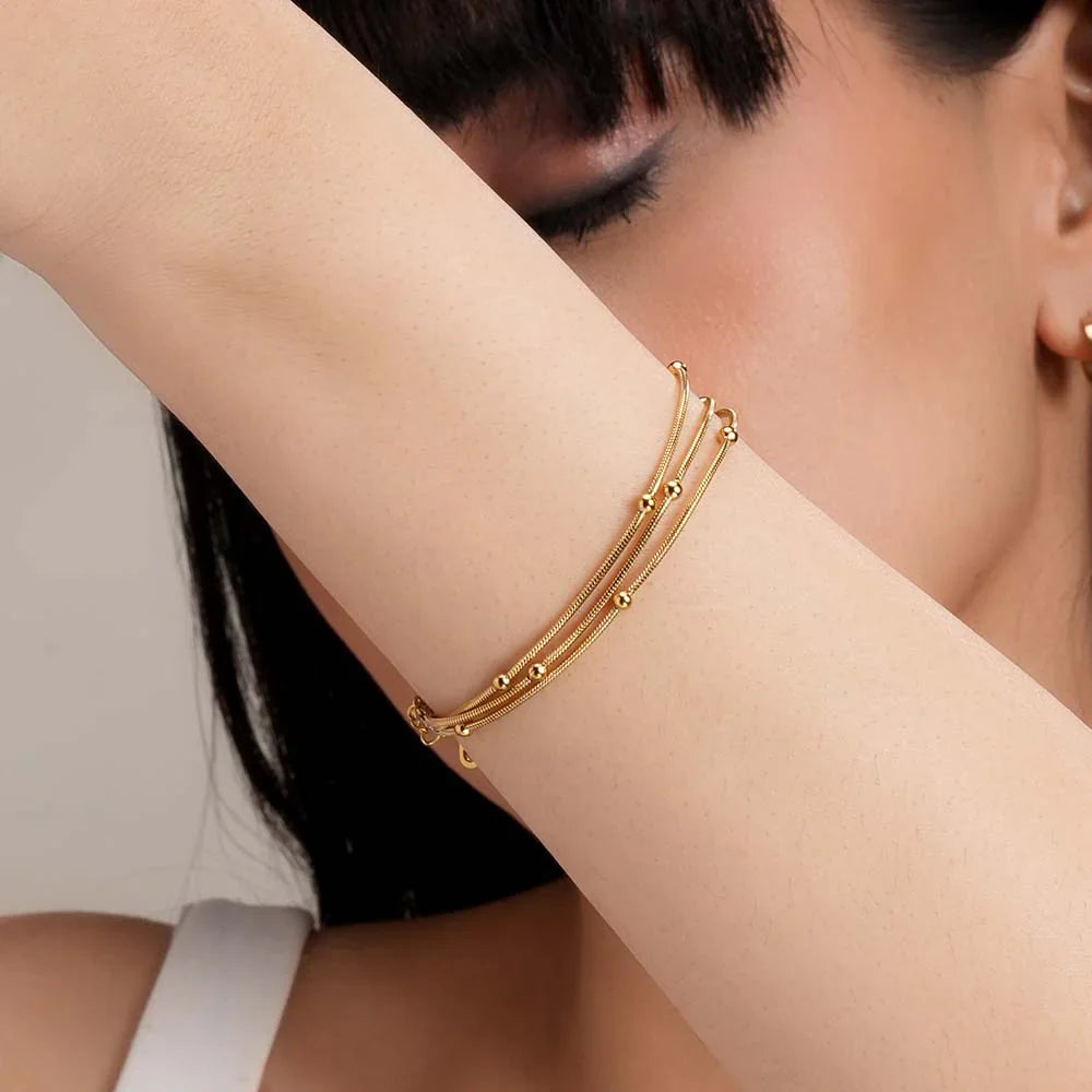 Triple Layer Gold Chain Bracelet with Beads